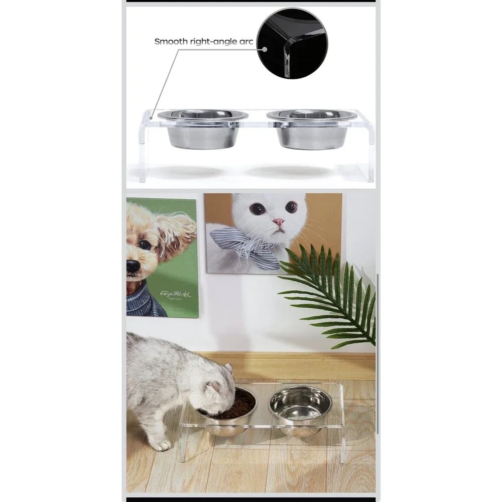Acrylic Elevated Dog Cat Bowls Pet Feeder Double Bowl Raised Stand small size